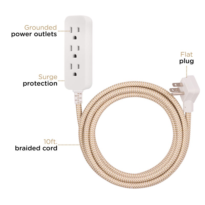 Cordinate 3 Outlet Power Strip Surge Protector Indoor Extension Cord 16 Gauge 245 Joules 10 Ft 3 Prong Braided Extension Cords Flat Extension Cord ETL Listed Brown 37916 - Image 2